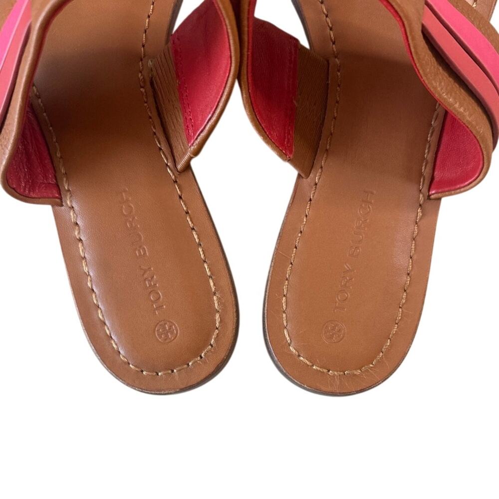 Tory Burch Leigh Thong Sandals Ambra Carnelian Azalea 9 Leather - Picture 3 of 12
